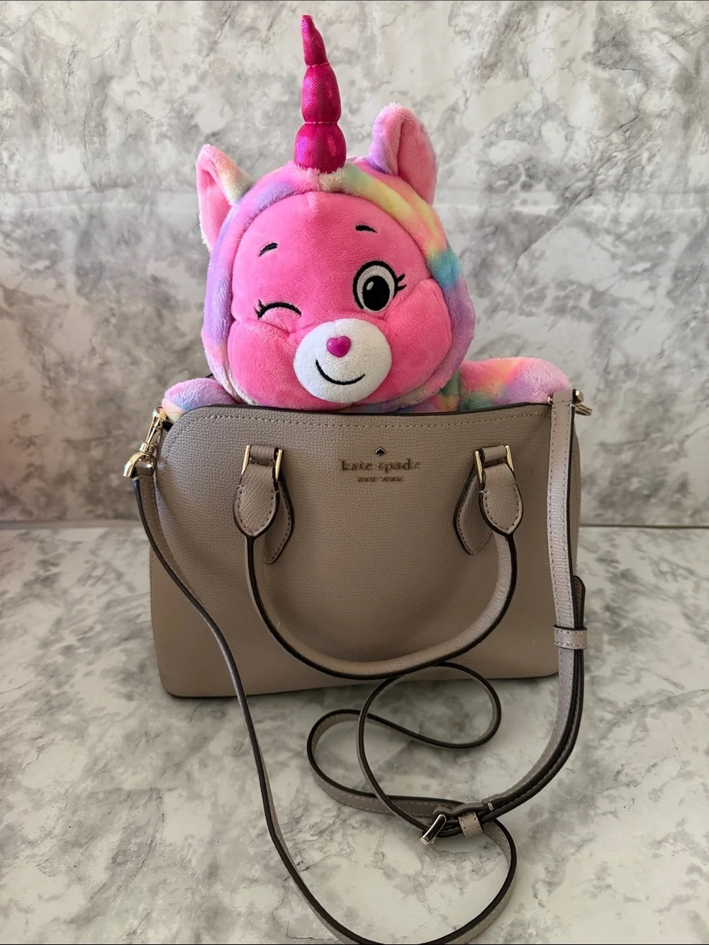 kate spade Taupe Leather Dome Satchel with Gold Hardware and care bear 🐻